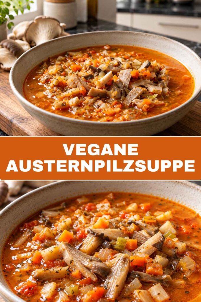 Vegane Austernpilzsuppe 4 Vegane Austernpilzsuppe im Topf und im Teller, würzige Herbstsuppe mit Austernpilzen und Wurzelgemüse