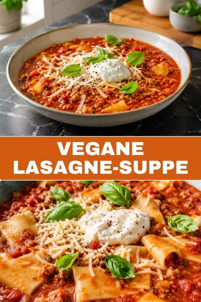 Pinnable Grafik vegane Lasagne-Suppe, gelingsicher in 1 Stunde