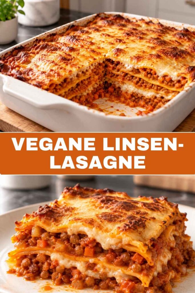 Vegane Linsen-Lasagne 4 Pinterest-Pin für vegane Linsen-Lasagne mit Nahaufnahme und Weitwinkelbild des fertigen Gerichts