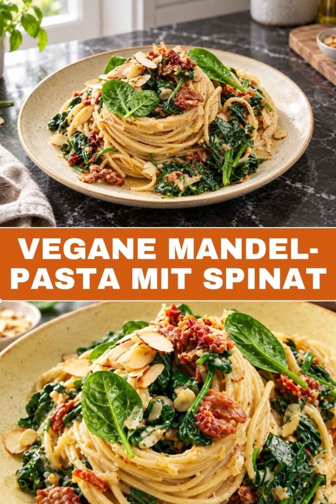 Vegane Mandel-Pasta mit Spinat, Pin mit Weitwinkel- und Nahaufnahme