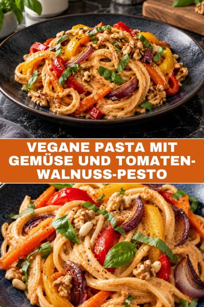 Pin-Bild für vegane Pasta mit Gemüse und Tomaten-Walnuss-Pesto, Weitwinkel- und Nahaufnahmemotiv kombiniert