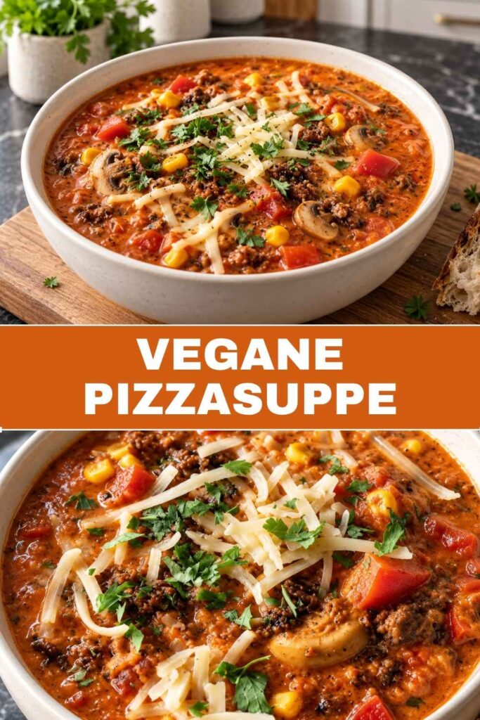 Pinterest-Pin vegane Pizzasuppe, oben Topf von oben, unten Nahaufnahme im Teller, mit Schriftzug „Vegane Pizzasuppe in 30 Minuten"