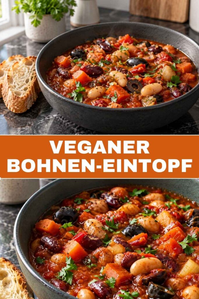 Pin mit veganem Bohnen-Eintopf, drei Bohnensorten, Paprika und Oliven