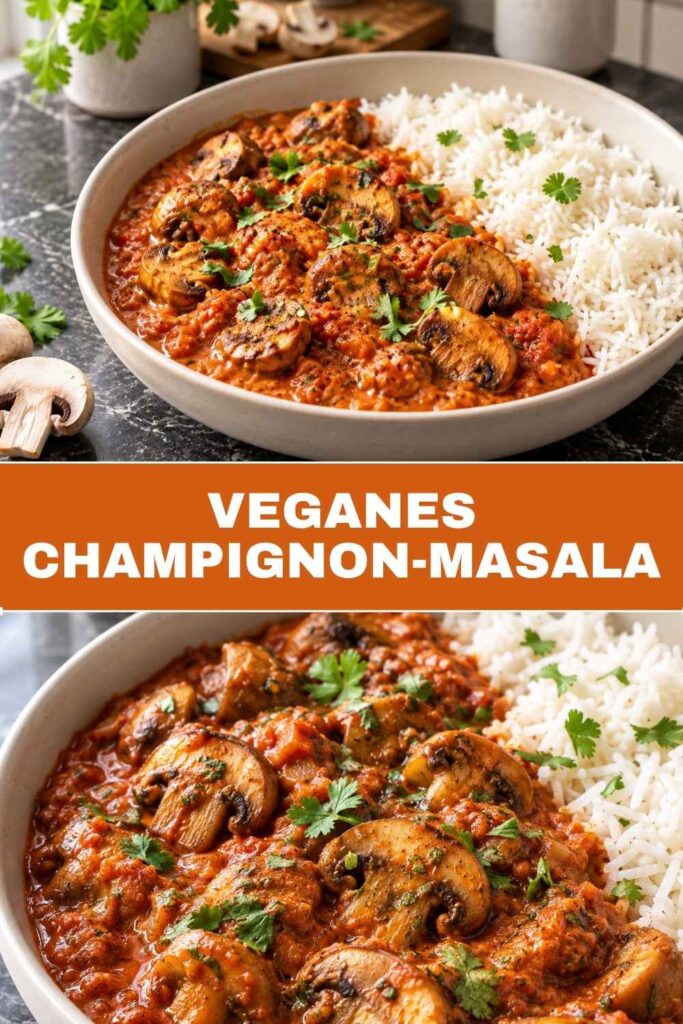Veganes Champignon-Masala als Pinterest-Pin, oben die Schüssel mit Reis, unten die Nahaufnahme der Champignons in Tomatensoße