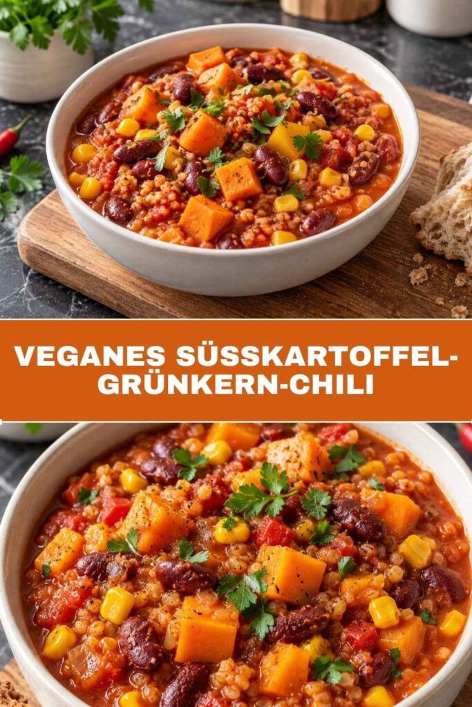 Pinterest-Pin für veganes Süßkartoffel-Grünkern-Chili in 35 Minuten