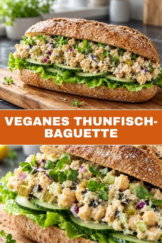 Pinterest-Pin für veganes Thunfisch-Baguette in 10 Minuten