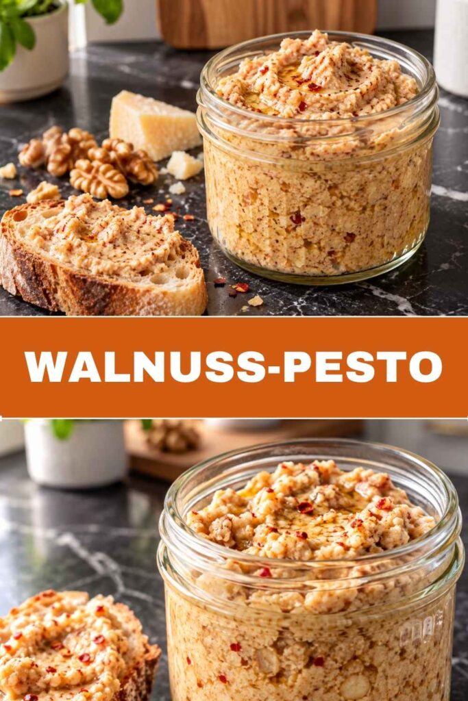 Walnuss-Pesto 4 Walnuss-Pesto Pinterest-Pin mit Rezepttitel und Zubereitungszeit