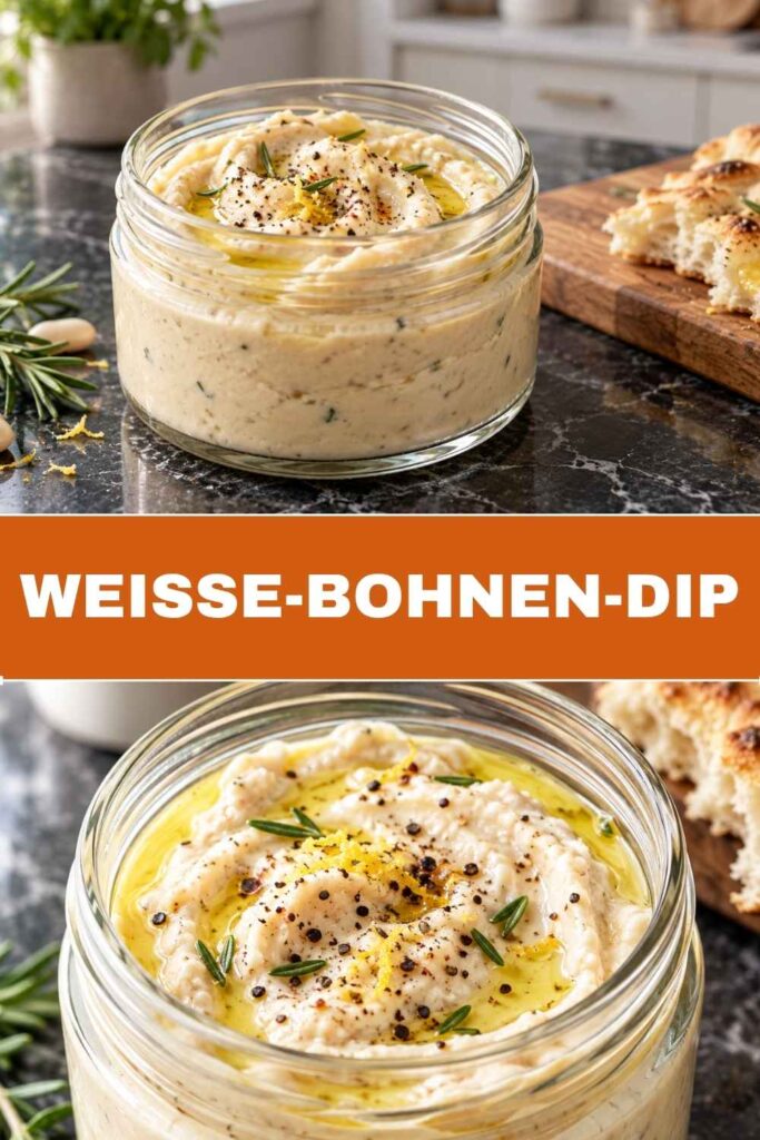 Weiße-Bohnen-Dip mit Rosmarin in der Schüssel und in der Nahaufnahme, cremig und in 20 Minuten fertig
