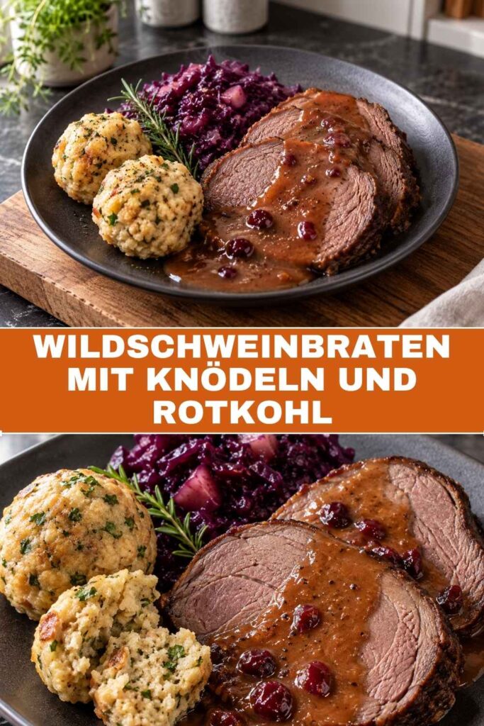 Wildschweinbraten mit Knödeln und Rotkohl, Pinterest-Pin mit Weitwinkel- und Nahaufnahme