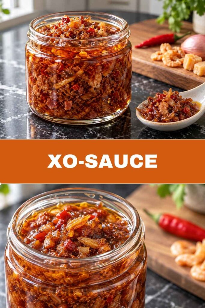 XO-Sauce selber machen, oben die Gläser mit XO-Sauce, unten eine Nahaufnahme mit Jakobsmuscheln und Shrimps im Chiliöl