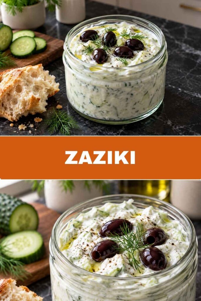 Zaziki Rezept Pin mit Weitwinkel- und Nahaufnahme des fertigen Dips