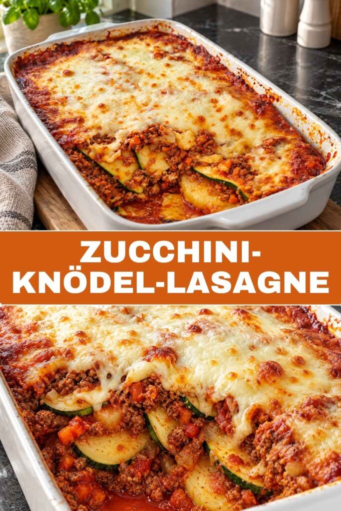 Zucchini-Knödel-Lasagne in der Auflaufform und als Portion auf dem Teller, Auflauf mit Kartoffelklößen und Hackfleisch