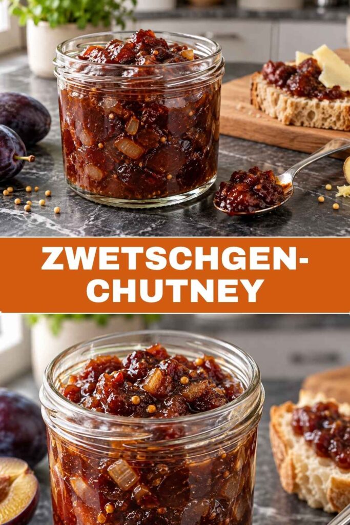 Zwetschgen-Chutney im Glas und auf dem Löffel, Rezept mit Ingwer und Chili zum Einkochen