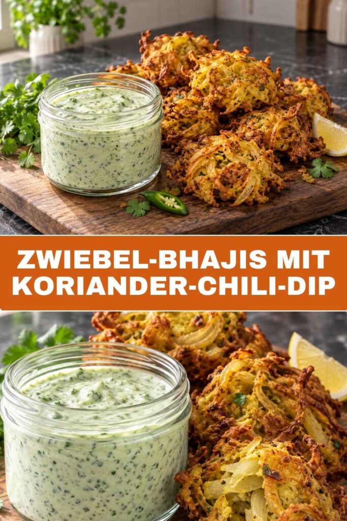 Pinterest-Pin: Zwiebel-Bhajis mit Koriander-Chili-Dip Rezept