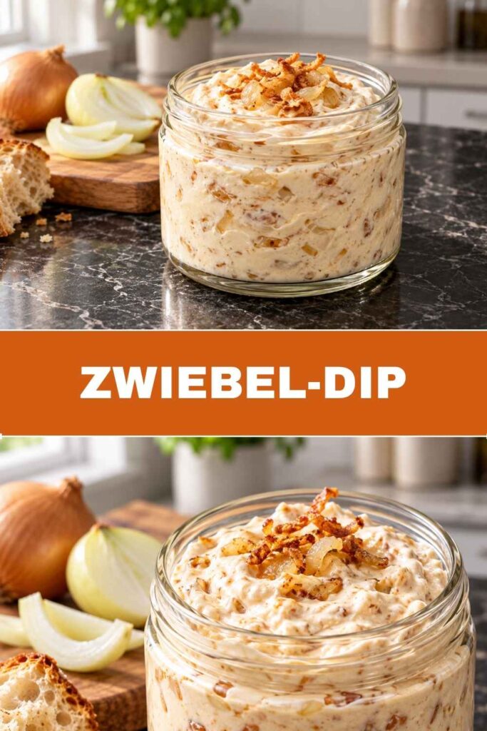 Pinterest-Collage mit Zwiebel-Dip mit Schmand: oben die Schüssel mit Gemüsesticks und Laugengebäck, unten eine Nahaufnahme mit Röstzwiebeln