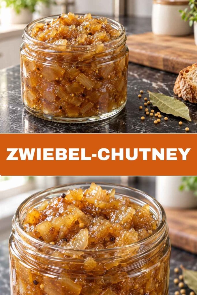 Zwiebel-Chutney 4 Pinterest-Pin für Zwiebel-Chutney mit Weitwinkel- und Nahaufnahme-Motiv
