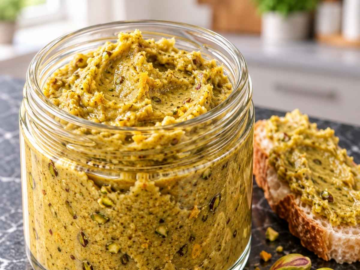 Nahaufnahme von hellgrünem Pistazien-Schoko-Aufstrich mit leicht körniger Struktur auf einer Scheibe Bauernbrot