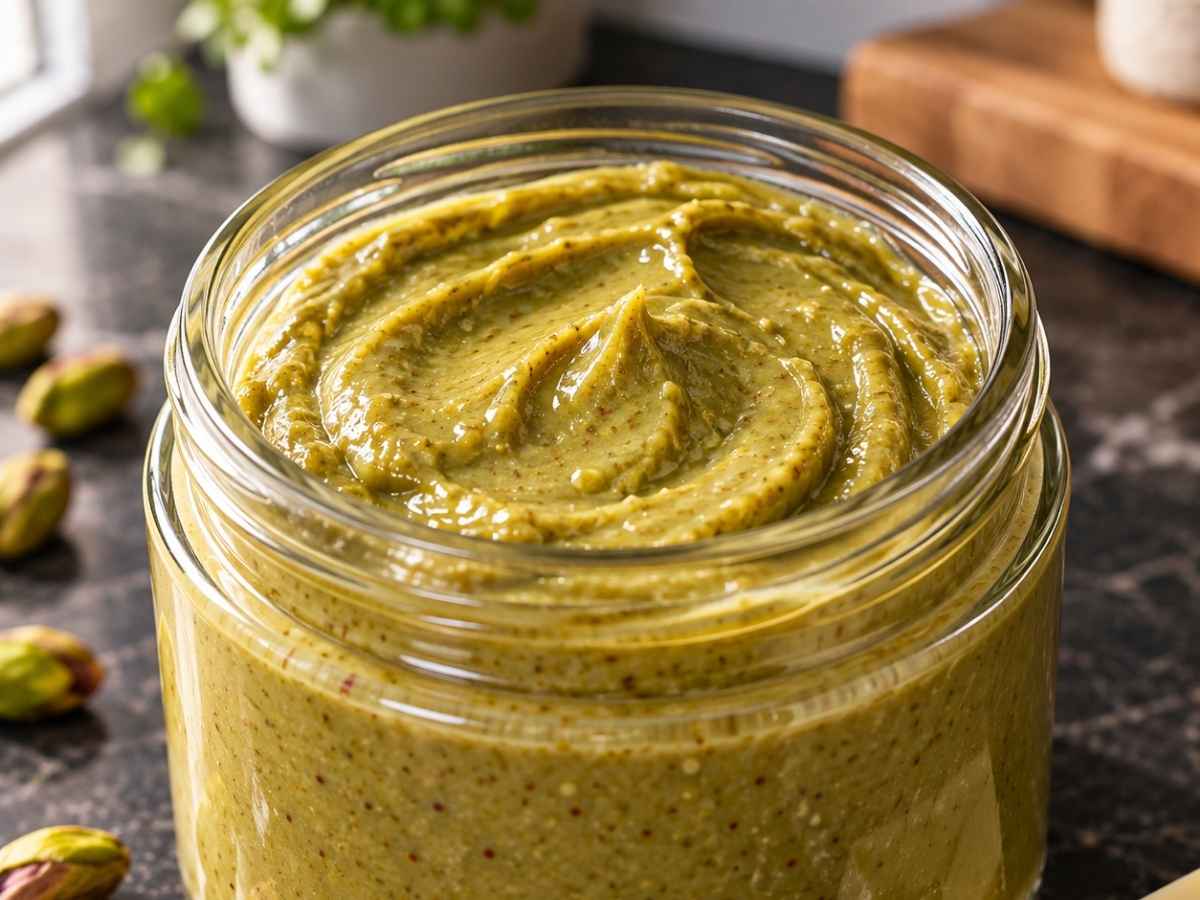 Nahaufnahme von cremiger Pistaziencreme auf einer Scheibe Toast