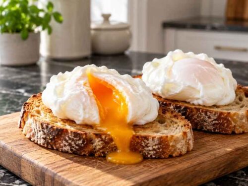 Pochierte Eier auf Schinkenbrot mit Blattspinat auf einem gedeckten Frühstückstisch