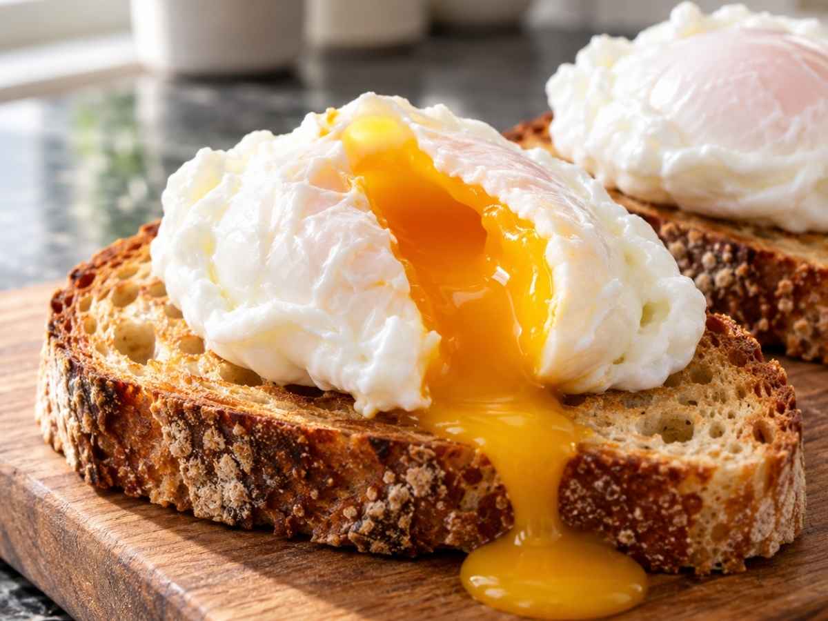 Pochierte Eier angeschnitten, flüssiges Eigelb läuft über das Brot