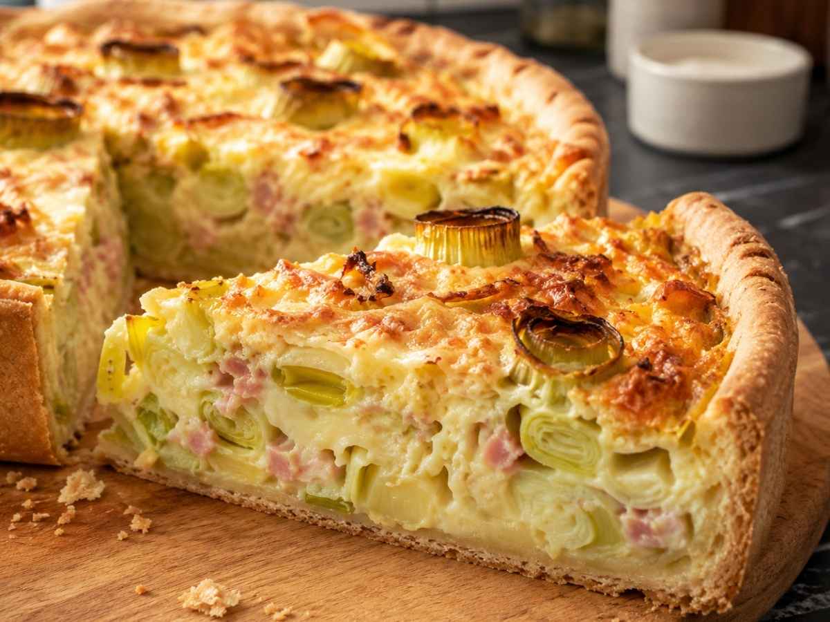 Angeschnittenes Stück Porreetorte mit sichtbarer Porree-Schinken-Füllung
