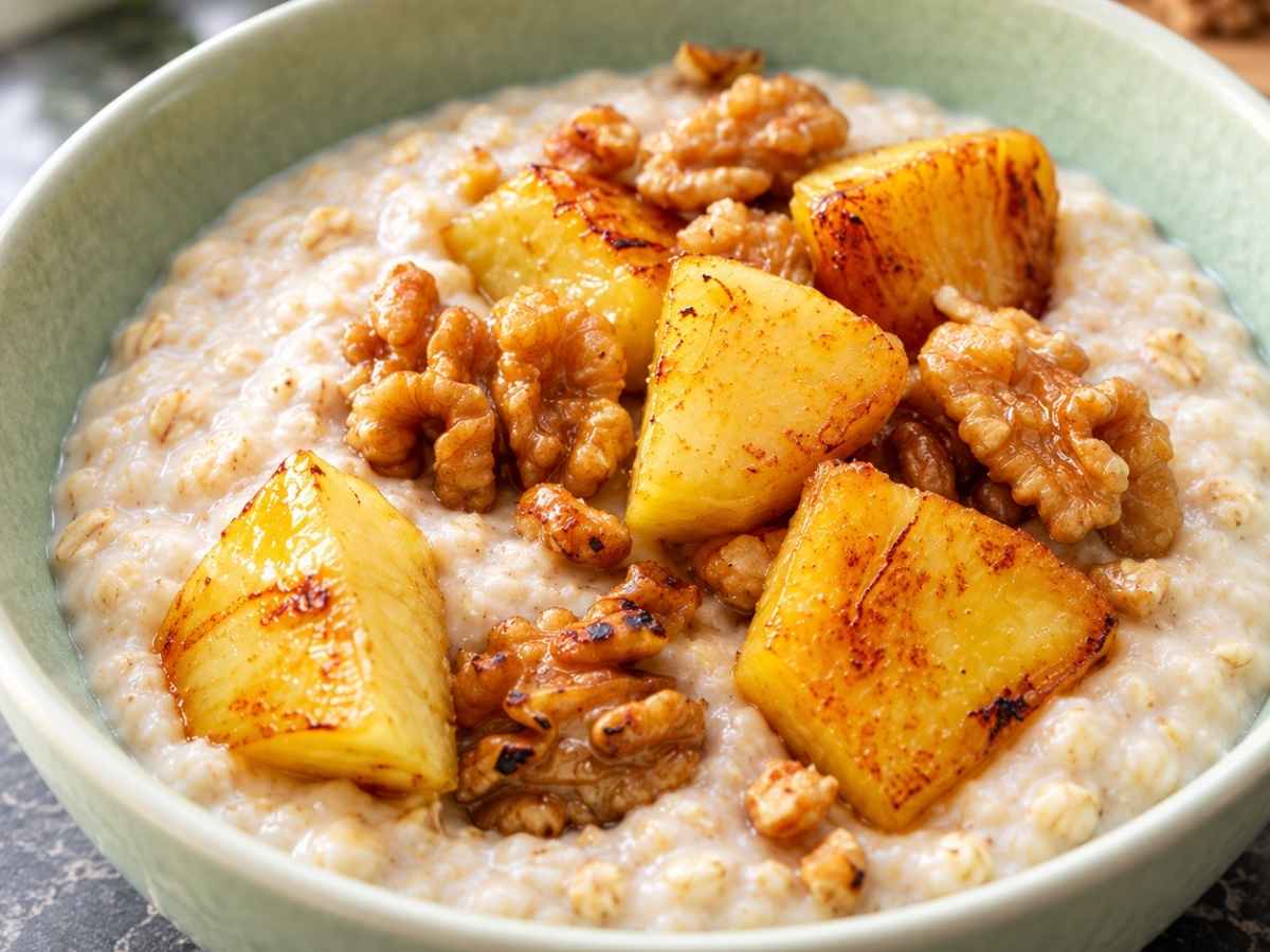 Nahaufnahme von cremigem Porridge mit Ananas und Ingwersirup