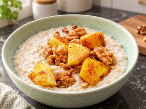 Zwei Schalen Porridge mit Ananas, garniert mit gerösteten Walnüssen und warmer Ananas