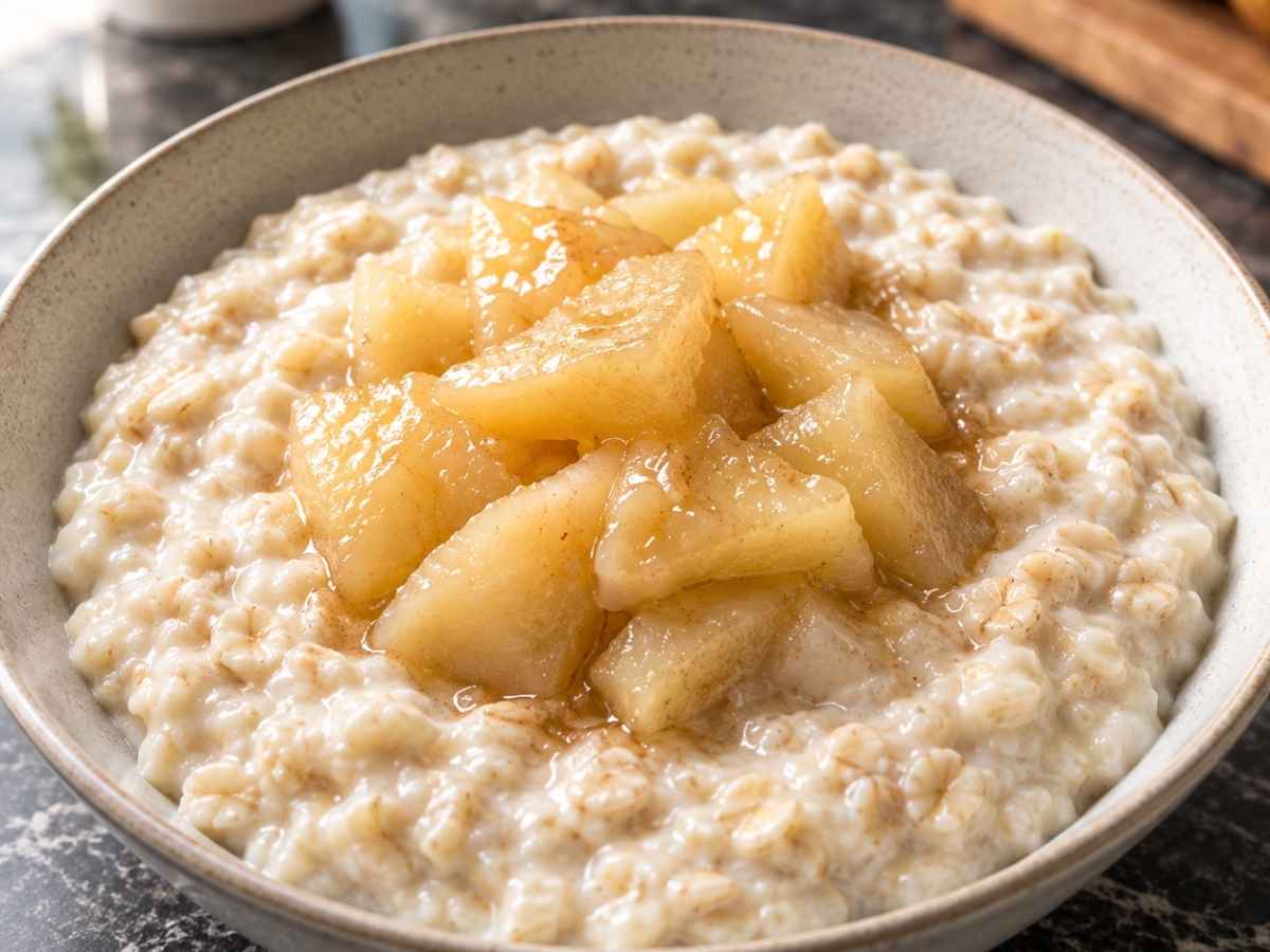 Porridge mit Birnen-Kompott 2 Nahaufnahme von cremigem Porridge mit Birnen-Kompott, weichen Birnenstücken und Zimt in einer Schale