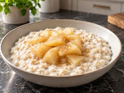 Vier Schalen Porridge mit Birnen-Kompott auf einem Holztisch, daneben reife Birnen und Zimtstangen
