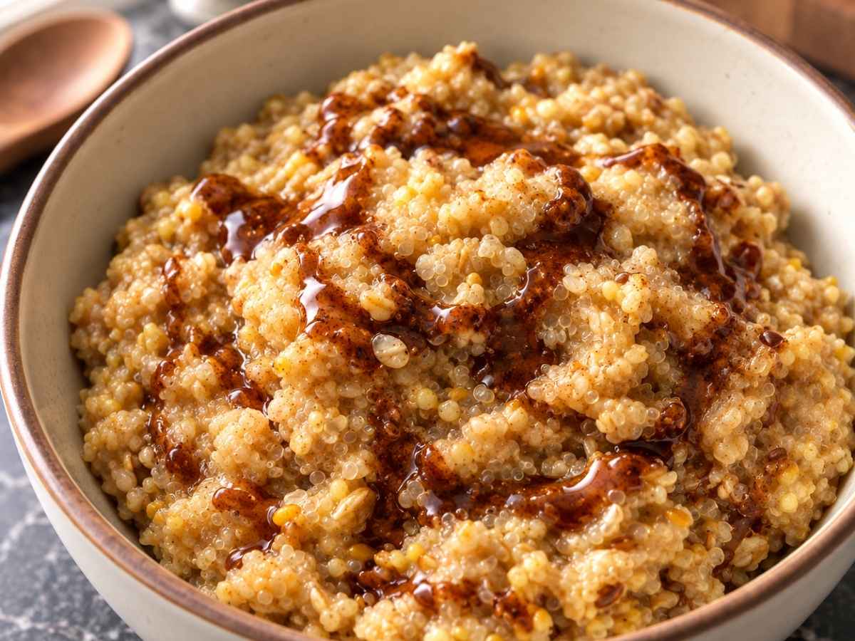Nahaufnahme von cremigem Porridge mit Kardamom-Zimt-Drizzle aus Amaranth, Quinoa und Hirse