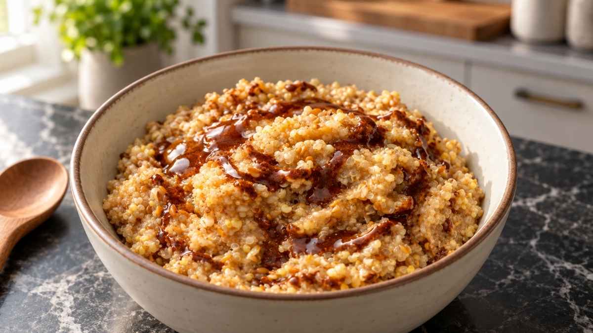 Schale Porridge mit Kardamom-Zimt-Drizzle, mit Beeren und Kürbiskernen auf einem Holztisch serviert