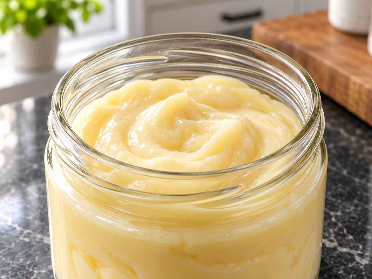Nahaufnahme von cremigem Pudding mit Löffel