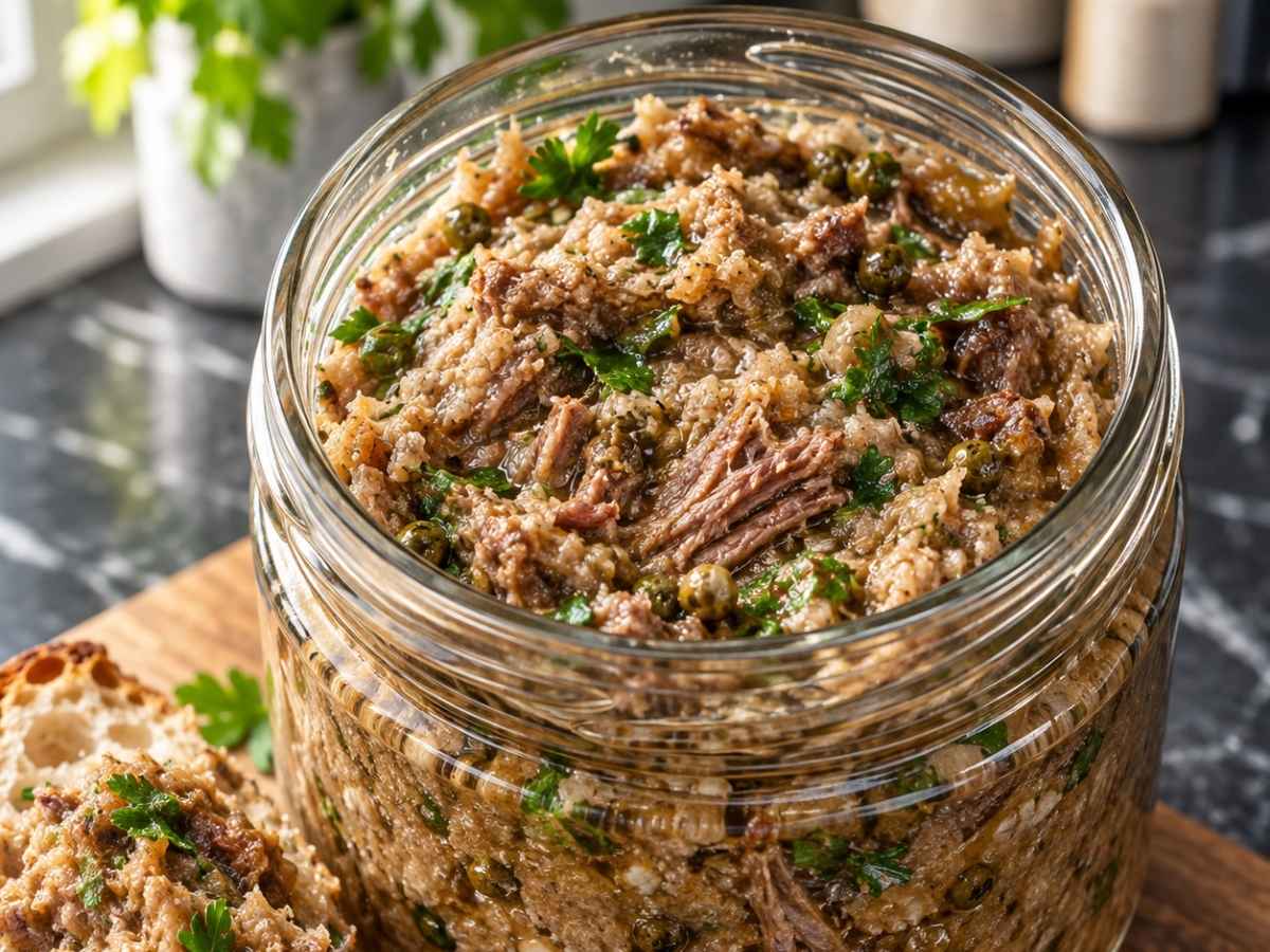 Nahaufnahme von Pulled Beef Marmelade, dick auf eine Scheibe frisches Landbrot gestrichen