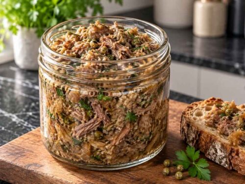 Pulled Beef Marmelade im Schraubglas mit frischem Landbrot und Cornichons auf einem Holzbrett
