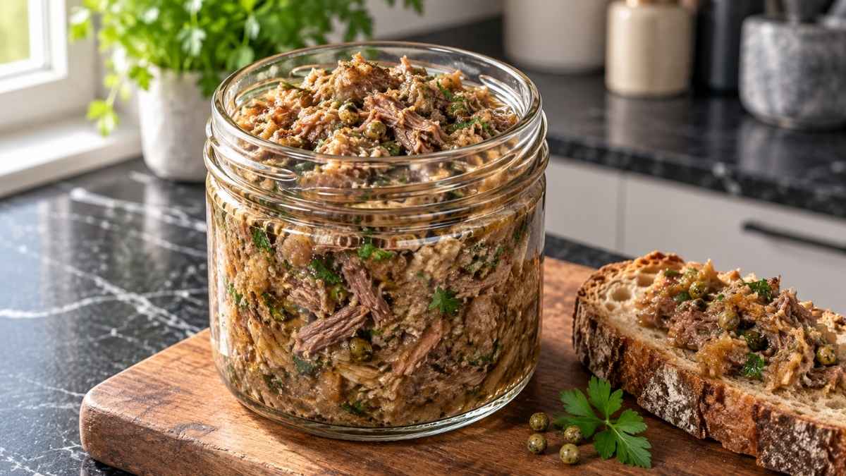 Pulled Beef Marmelade im Schraubglas mit frischem Landbrot und Cornichons auf einem Holzbrett