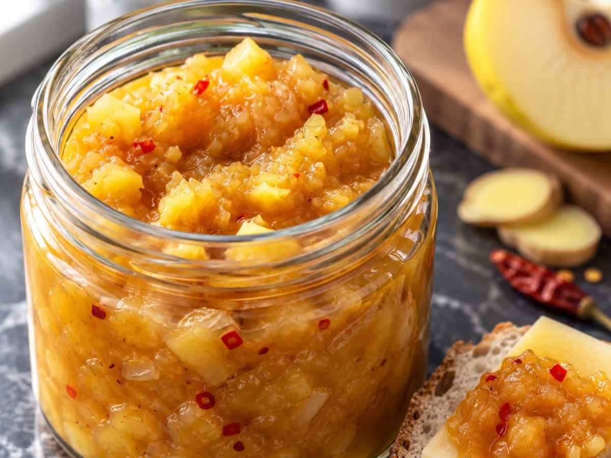 Nahaufnahme von fruchtigem Quittenchutney mit Quittenwürfeln und Gewürzen