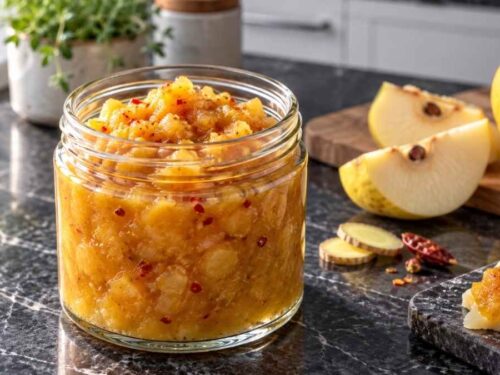 Selbstgemachtes Quittenchutney mit Ingwer, Chili und Curry in Schraubgläsern