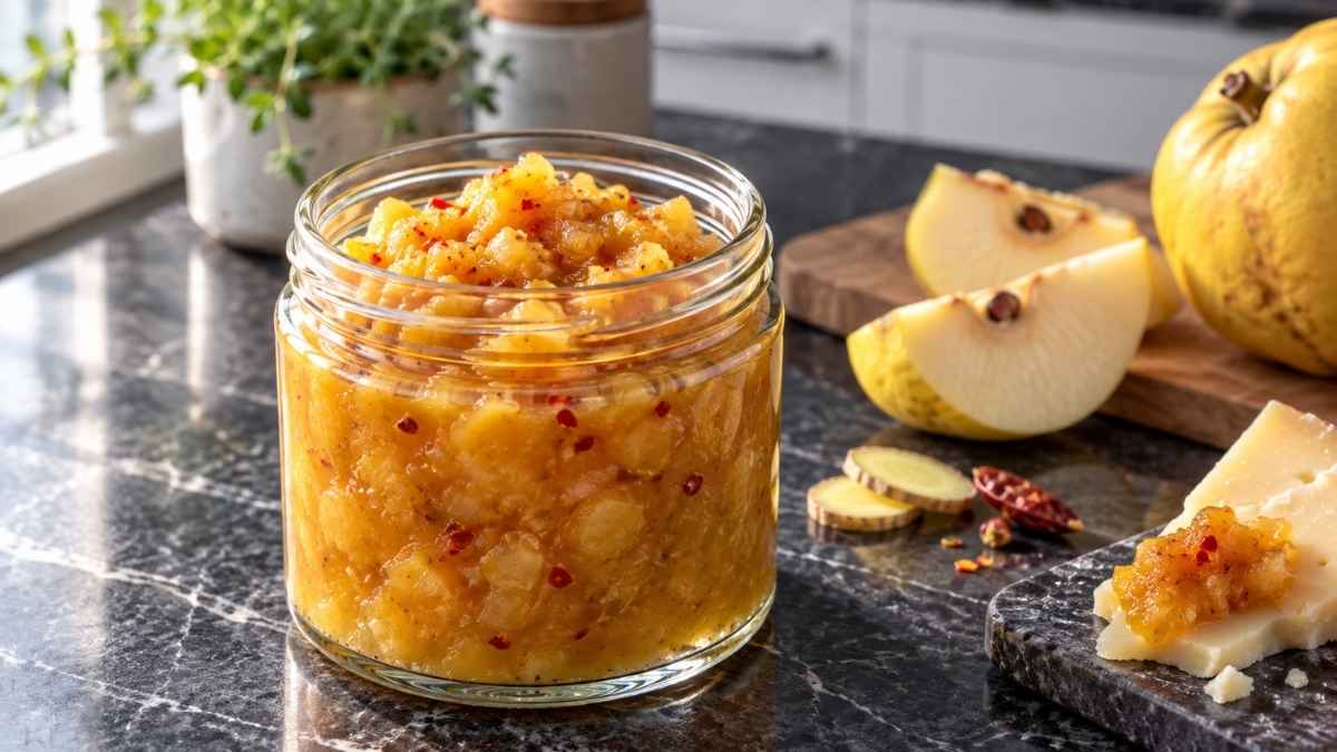 Selbstgemachtes Quittenchutney mit Ingwer, Chili und Curry in Schraubgläsern