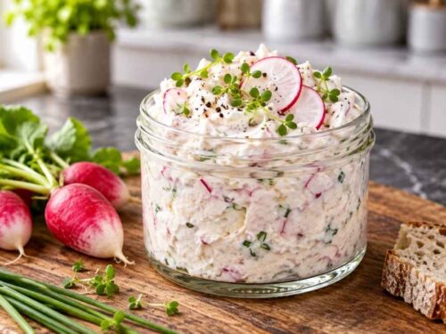Radieschen-Kresse-Aufstrich auf Vollkornbrot serviert