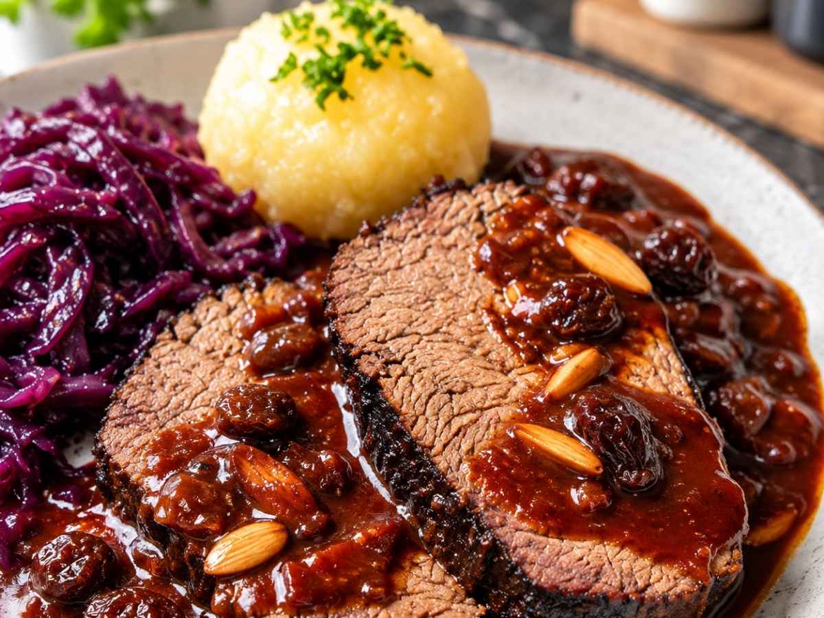 Nahaufnahme von zartem Rheinischen Sauerbraten mit glänzender Rosinensoße und Mandelstiften