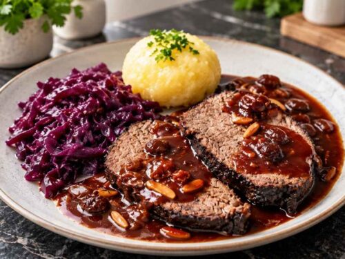 Rheinischer Sauerbraten in Scheiben mit dunkler Rosinensoße, serviert mit Kartoffelklößen und Rotkohl