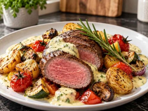 Rinderfilet mit Ofengemüse und Sauce Hollandaise, serviert mit grünem Salat und Baguette