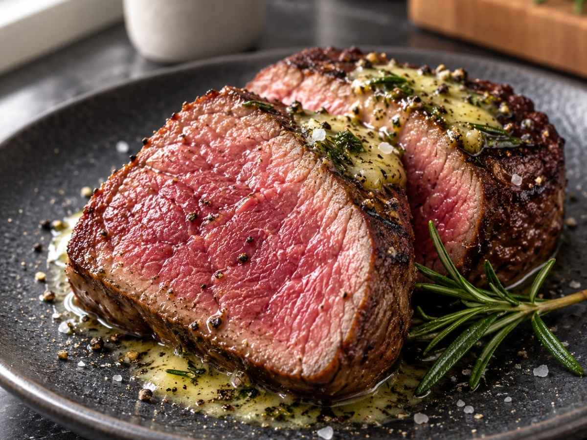 Nahaufnahme vom rosa Anschnitt des Rinderfilets mit brauner Rosmarinbutter