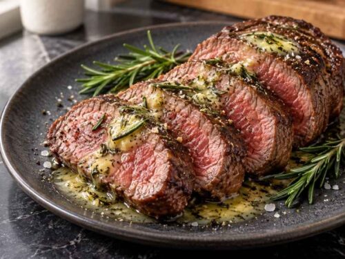 Rinderfilet mit Rosmarinbutter, in Scheiben geschnitten und mit Rosmarin serviert
