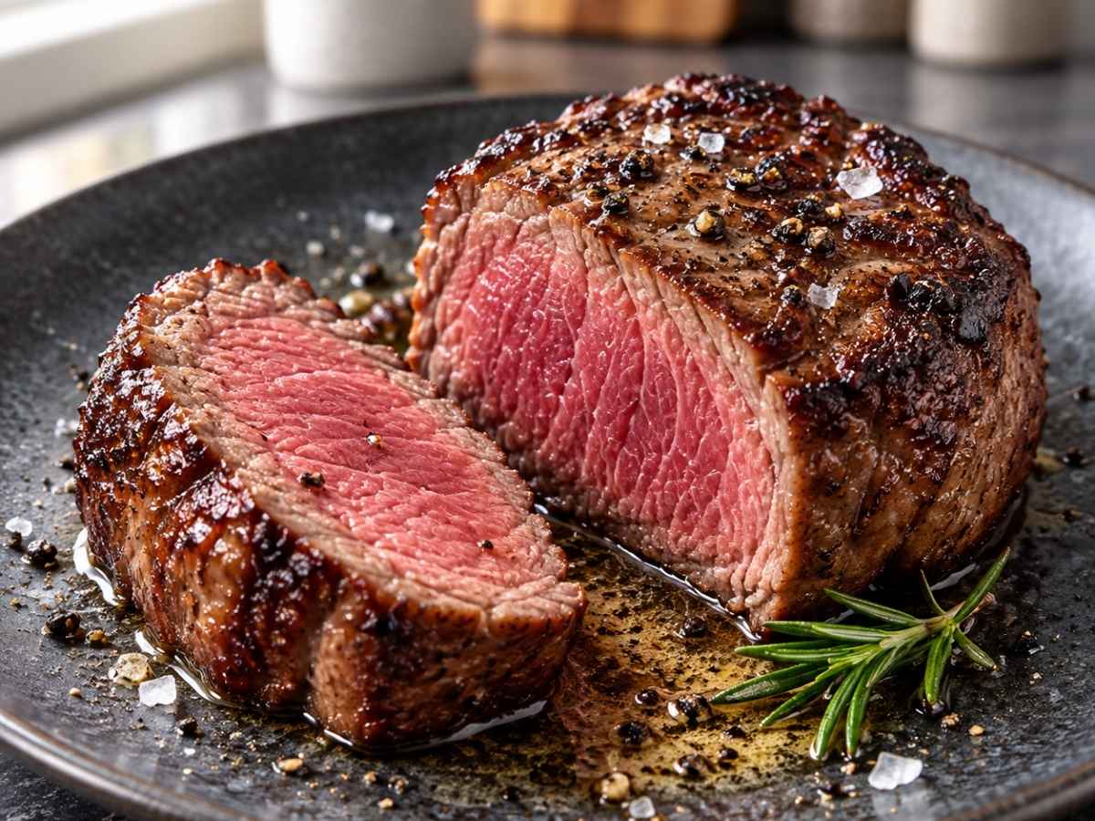 Angeschnittenes Rinderfiletsteak aus der Pfanne mit rosa Kern