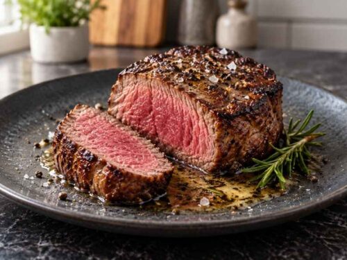 Rinderfiletsteak aus der Pfanne Rinderfiletsteak aus der Pfanne auf einem Teller mit cremigem Kartoffelpüree