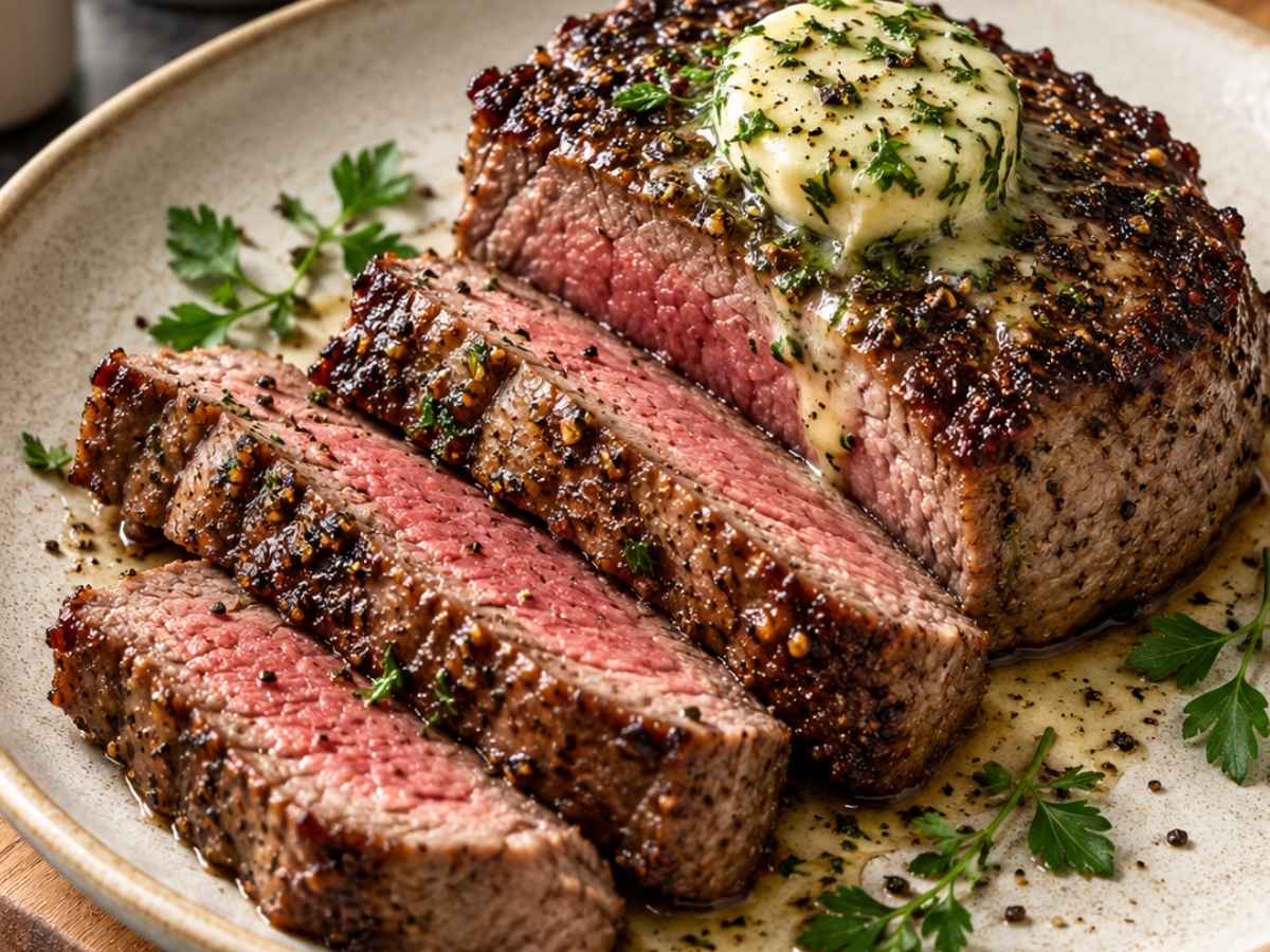 Nahaufnahme eines Rindersteaks mit schmelzender Kräuter-Knoblauch-Butter