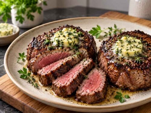 Rindersteaks mit Kräuter-Knoblauch-Butter Zwei gebratene Rindersteaks mit Kräuter-Knoblauch-Butter auf dem Teller