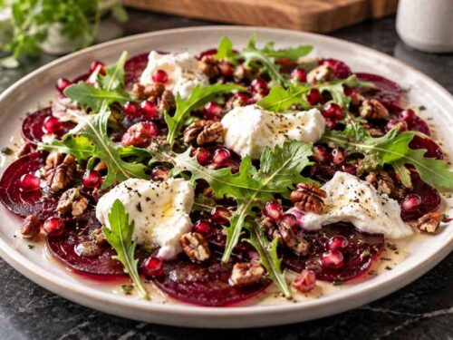 Rote-Bete-Carpaccio mit Burrata, Rucola und Granatapfelkernen auf einer großen Platte