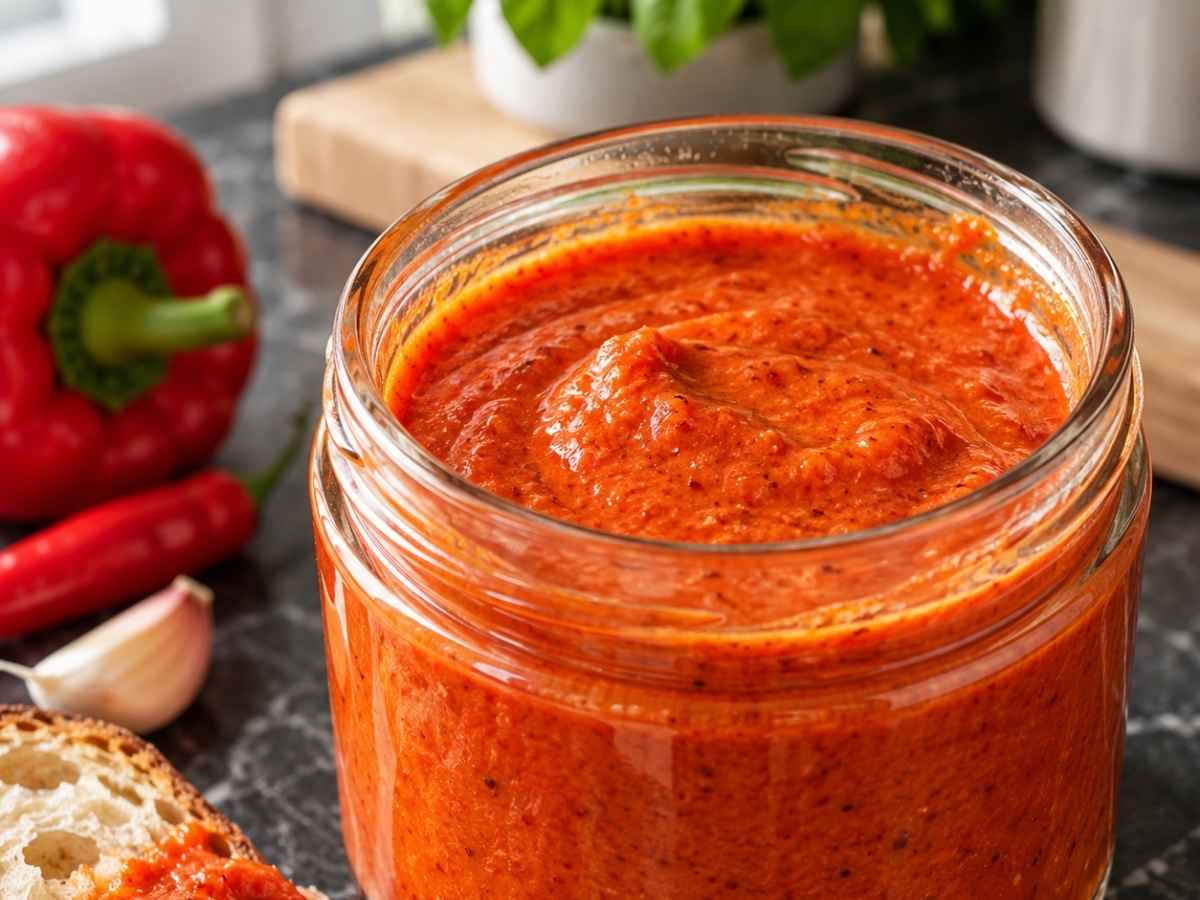 Nahaufnahme der roten Mojo-Sauce, cremig emulgiert mit sichtbaren Paprikastückchen